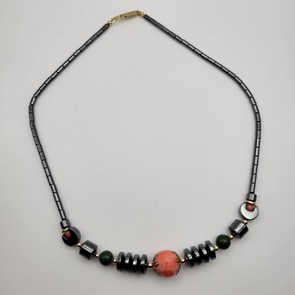 Hematite and Faux Coral Beaded Necklace Gold Tone Clasp